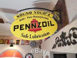 Large Vintage''pennzoil'' Double Sided 31x21'' Porcelain Sign With Bracket