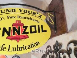 Large Vintage''pennzoil'' Double Sided 31x21'' Porcelain Sign With Bracket