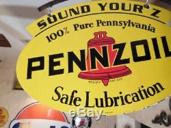 Large Vintage''pennzoil'' Double Sided 31x21'' Porcelain Sign With Bracket