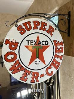 Large Vintage''texaco'' Double Sided 30 Inch Porcelain Sign With Bracket Nice