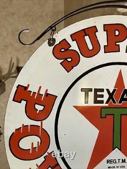 Large Vintage''texaco'' Double Sided 30 Inch Porcelain Sign With Bracket Nice