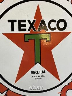 Large Vintage''texaco'' Double Sided 30 Inch Porcelain Sign With Bracket Nice