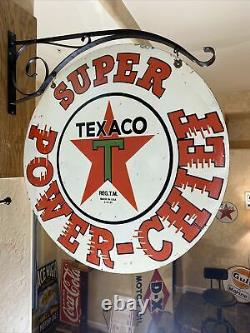 Large Vintage''texaco'' Double Sided 30 Inch Porcelain Sign With Bracket Nice