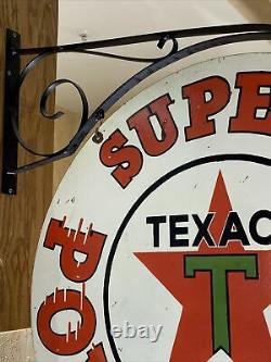 Large Vintage''texaco'' Double Sided 30 Inch Porcelain Sign With Bracket Nice