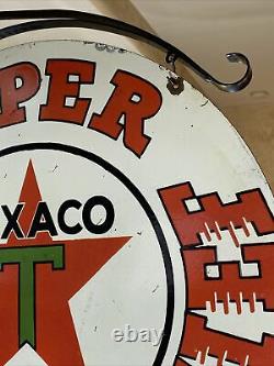 Large Vintage''texaco'' Double Sided 30 Inch Porcelain Sign With Bracket Nice