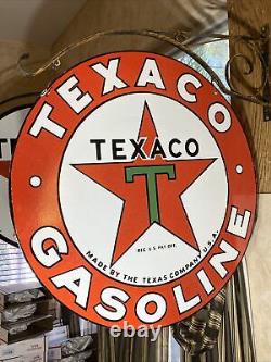 Large Vintage''texaco'' Gasoline Double Sided 30 Porcelain Sign With Bracket