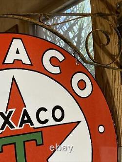 Large Vintage''texaco'' Gasoline Double Sided 30 Porcelain Sign With Bracket