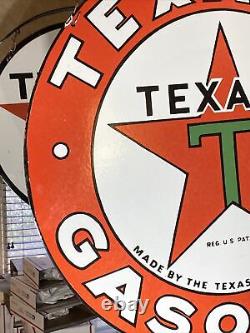 Large Vintage''texaco'' Gasoline Double Sided 30 Porcelain Sign With Bracket