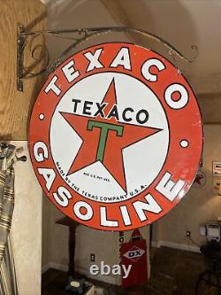 Large Vintage''texaco'' Gasoline Double Sided 30 Porcelain Sign With Bracket