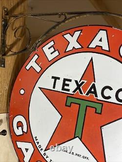 Large Vintage''texaco'' Gasoline Double Sided 30 Porcelain Sign With Bracket