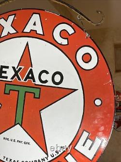 Large Vintage''texaco'' Gasoline Double Sided 30 Porcelain Sign With Bracket