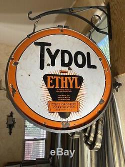 Large Vintage''tydol'' Double Sided 30 Inch Porcelain Sign With Bracket Nice