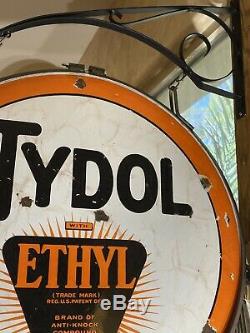 Large Vintage''tydol'' Double Sided 30 Inch Porcelain Sign With Bracket Nice