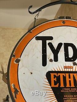 Large Vintage''tydol'' Double Sided 30 Inch Porcelain Sign With Bracket Nice