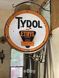 Large Vintage''tydol'' Double Sided 30 Inch Porcelain Sign With Bracket Nice