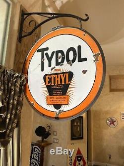 Large Vintage''tydol'' Double Sided 30 Inch Porcelain Sign With Bracket Nice