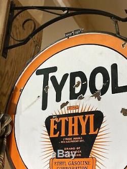 Large Vintage''tydol'' Double Sided 30 Inch Porcelain Sign With Bracket Nice