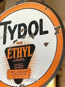 Large Vintage''tydol'' Double Sided 30 Inch Porcelain Sign With Bracket Nice