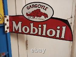 Large Vtg Mobil Gas Station Porcelain Metal Flange Sign Double Sided Rare