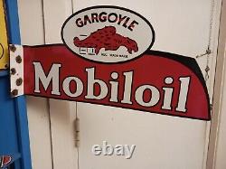 Large Vtg Mobil Gas Station Porcelain Metal Flange Sign Double Sided Rare