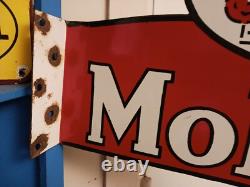 Large Vtg Mobil Gas Station Porcelain Metal Flange Sign Double Sided Rare