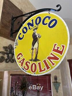 Large''conoco Gasoline'' Double Sided 25 Inch Porcelain Sign With Bracket Nice