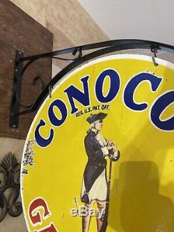 Large''conoco Gasoline'' Double Sided 25 Inch Porcelain Sign With Bracket Nice