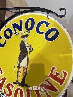 Large''conoco Gasoline'' Double Sided 25 Inch Porcelain Sign With Bracket Nice