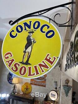 Large''conoco Gasoline'' Double Sided 25 Inch Porcelain Sign With Bracket Nice