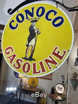 Large''conoco Gasoline'' Double Sided 25 Inch Porcelain Sign With Bracket Nice