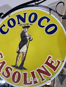 Large''conoco Gasoline'' Double Sided 25 Inch Porcelain Sign With Bracket Nice