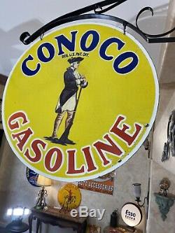 Large''conoco Gasoline'' Double Sided 25 Inch Porcelain Sign With Bracket Nice