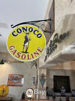 Large''conoco Gasoline'' Double Sided 25 Inch Porcelain Sign With Bracket Nice