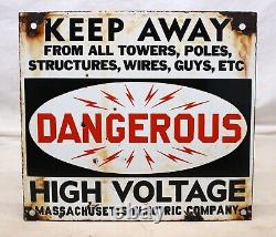 Massachusetts Electric Company DANGEROUS HIGH VOLTAGE Porcelain Sign DOUBLE SIDE
