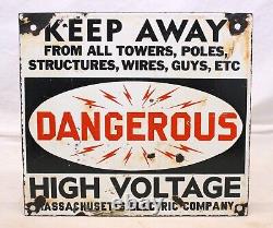 Massachusetts Electric Company DANGEROUS HIGH VOLTAGE Porcelain Sign DOUBLE SIDE