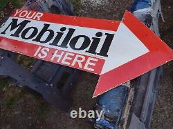 Mobiloil porcelain double sided flanged arrow sign Mobil Gas Oil Ford Chevy