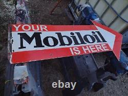 Mobiloil porcelain double sided flanged arrow sign Mobil Gas Oil Ford Chevy