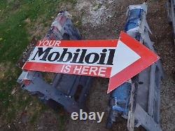 Mobiloil porcelain double sided flanged arrow sign Mobil Gas Oil Ford Chevy