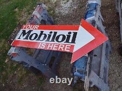 Mobiloil porcelain double sided flanged arrow sign Mobil Gas Oil Ford Chevy