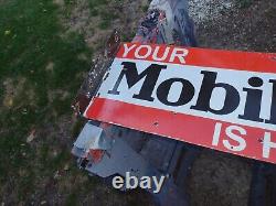 Mobiloil porcelain double sided flanged arrow sign Mobil Gas Oil Ford Chevy