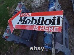 Mobiloil porcelain double sided flanged arrow sign Mobil Gas Oil Ford Chevy