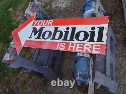 Mobiloil porcelain double sided flanged arrow sign Mobil Gas Oil Ford Chevy