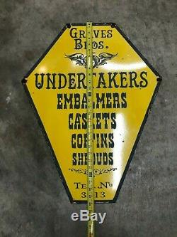 OLD GRAVES BROS. UNDERTAKERS LARGE DOUBLE SIDED PORCELAIN SIGN (28x 22) NICE