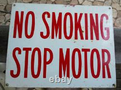 OLD NO SMOKING STOP MOTORS PORCELAIN DOUBLE SIDED GAS STATION SIGN VTG Enamel