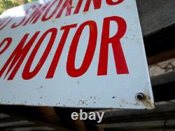 OLD NO SMOKING STOP MOTORS PORCELAIN DOUBLE SIDED GAS STATION SIGN VTG Enamel