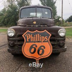 OLD ORIGINAL 30 PHILLIPS 66 PORCELAIN DOUBLE SIDED SIGN With RARE BRACKET GAS OIL