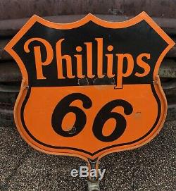 OLD ORIGINAL 30 PHILLIPS 66 PORCELAIN DOUBLE SIDED SIGN With RARE BRACKET GAS OIL