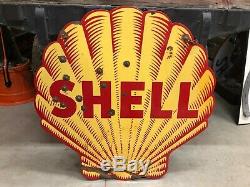 ORIGINAL Antique SHELL Gas Oil Tiger Stripe Double sided PORCELAIN Sign 48 RARE