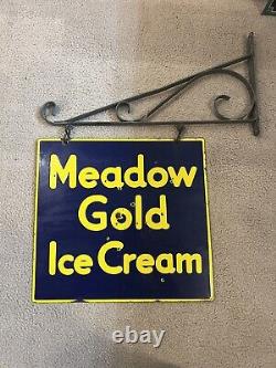 ORIGINAL''MEADOW GOLD'' DOUBLE SIDED 18X17 INCH PORCELAIN SIGN With BRACKET