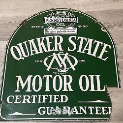 ORIGINAL QUAKER STATE MOTOR OIL TOMBSTONE PORCELAIN DEALER SIGN Double Sided